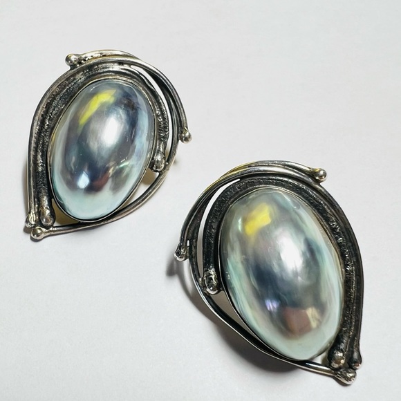 Vintage Sterling Silver and Peacock Mabe Pearl  Post earrings -Rare  Avi Soffer - Picture 7 of 14